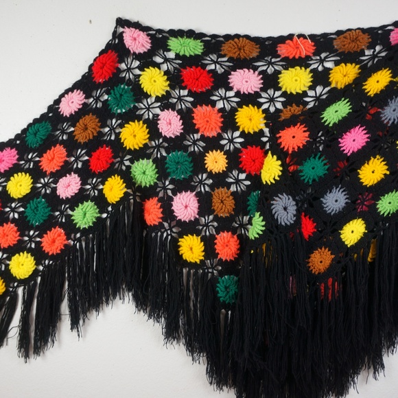 Sweaters - SOLD ON ETSY  60's Granny Square Shawl Colorful Long Fringed
